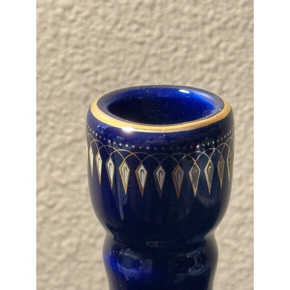 Vintage Lemonge France Hand-Painted Cobult Blue & Gold Porcelain Candle Holder - Picture 3 of 9